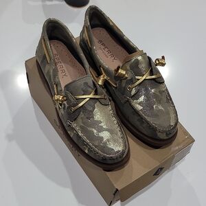 Sperry Green and Gold Flats Timeless Moccasin Style